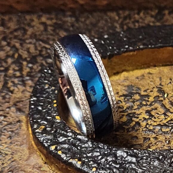 Men's Blue Domed Xband  Promise Ring Band - Guys Promise Ring Blue and Silver - Picture 5 of 8